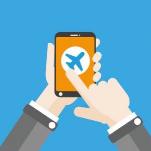 Flight Tracker 24 i platt design med mänsklig hand, smartphone och sökskylt online.